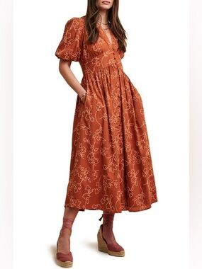 Rust Floral Midi Dress with V-Neck and Puff Sleeves